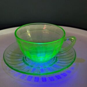 Vintage Anchor Hocking Block Optic Glowing Green Uranium Glass Teacup and Saucer